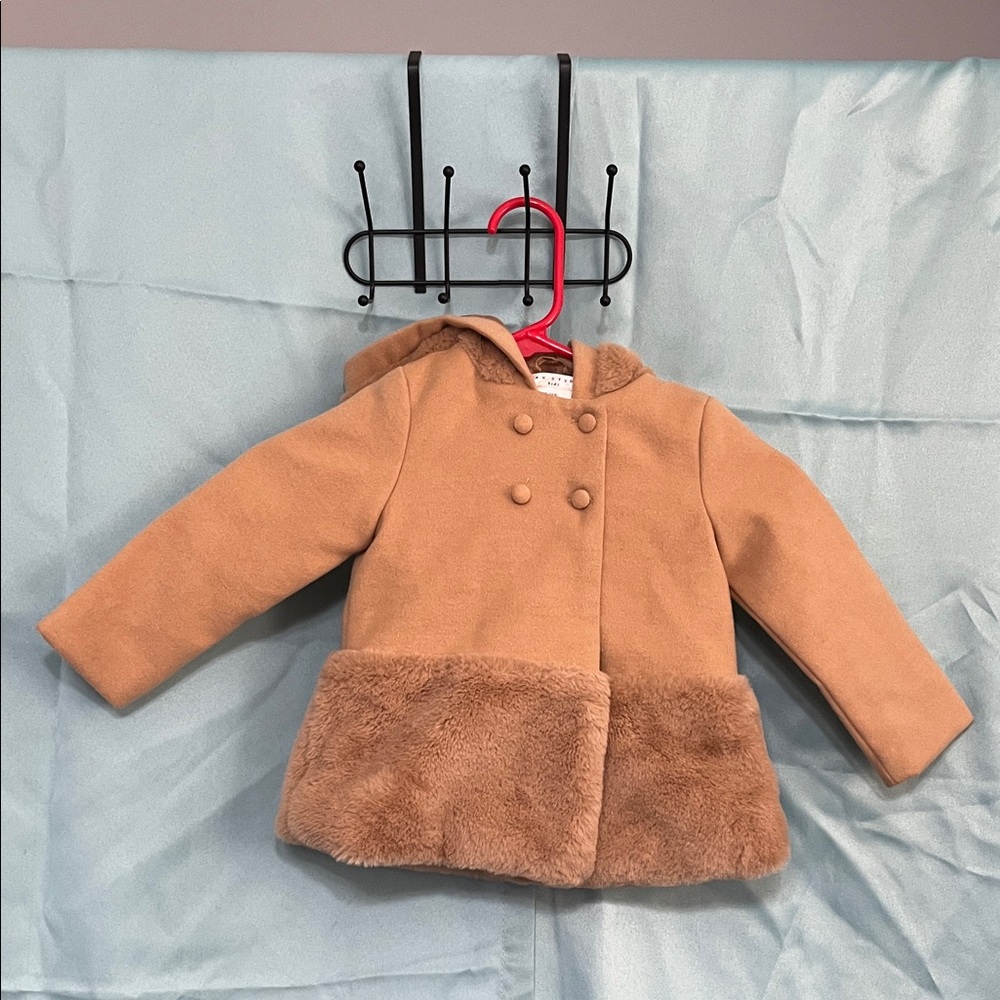 Max Studio Tan Kids Pea Coat with Faux Fur